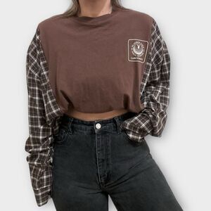 Reworked Upcycled Brown Playboy Relaxed Loose Fit Longsleeved Plaid Shirt Top